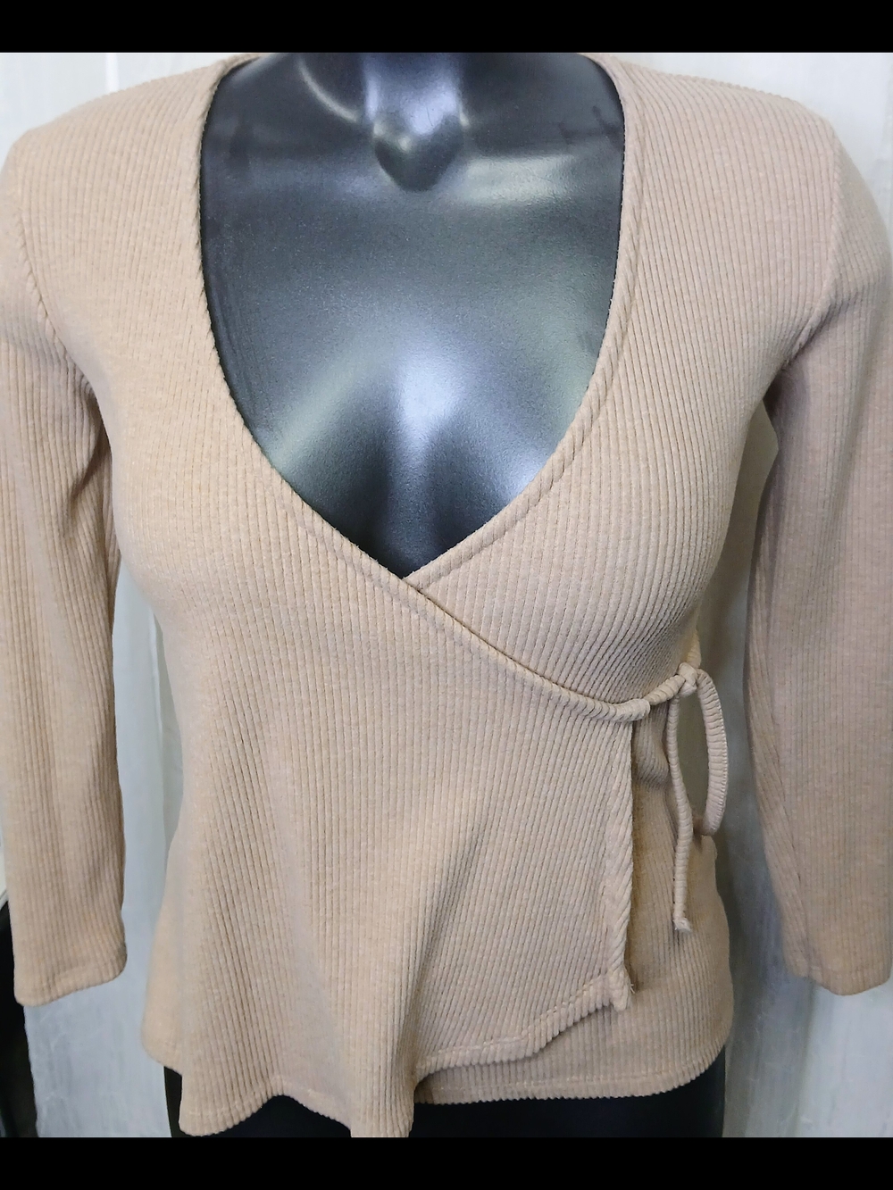 Ribbed Wrap-Front Women's Sweater - Beige